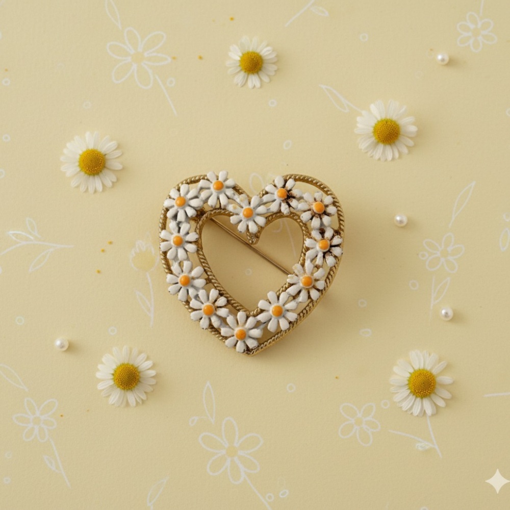 Vintage Heart-Shaped Floral Brooch Jewelry Flowers Spring Accessory